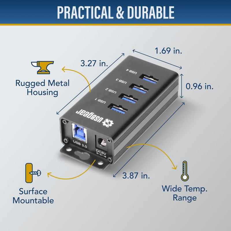 USBGear 4 Port USB Hub 3.2 Gen 1 â€“ Mountable SuperSpeed Data Hub with USB Ports for Laptop, PC, Desktop, and More, 5V/2A Power Adapter with Type-A to Type-B Cable (3ft), Computer Accessories - Image 3
